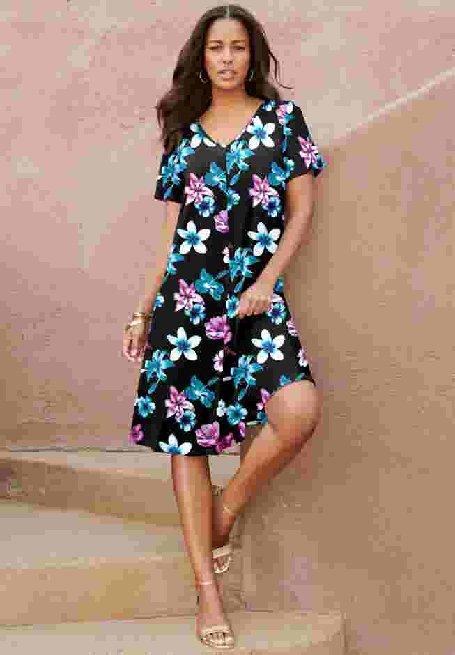 UltraSmooth™ Plus Size V-Neck Swing Dress – Soft Knit, Flattering Fit image number 0
