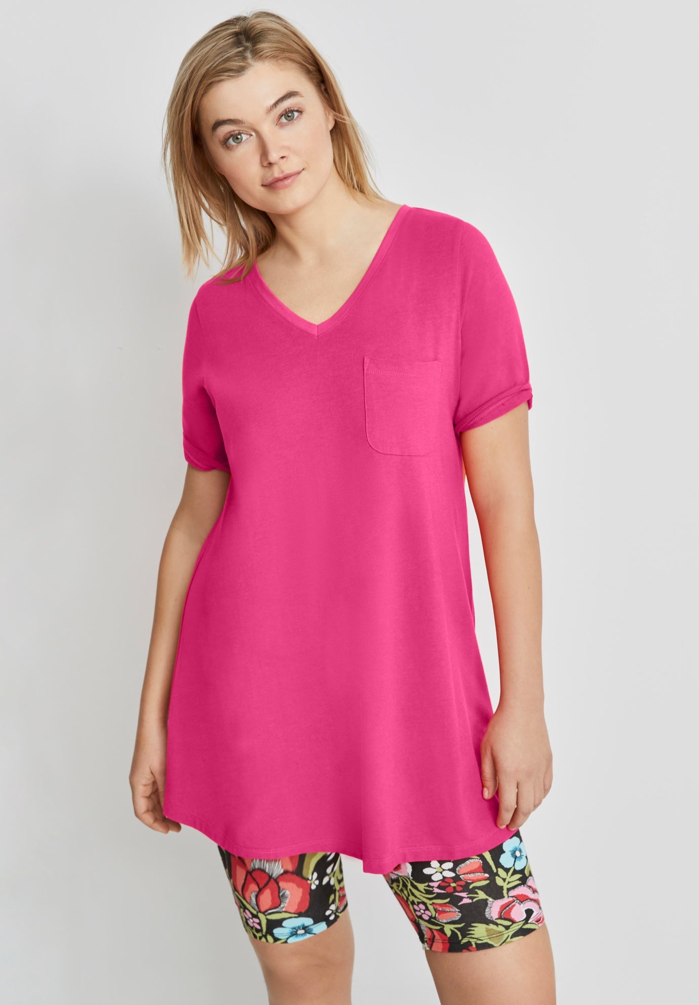 Stretch Knit V-neck Short Sleeve Chest Pocket Tunic image number 0