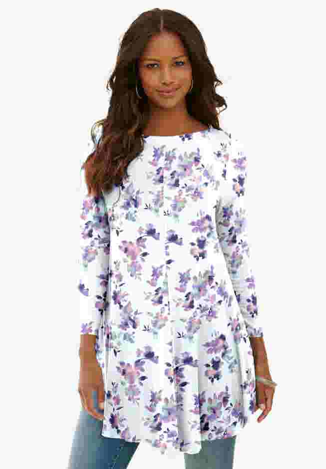 Fashionable Boatneck Swing Ultra Femme Tunic, Ivory Tie Dye Flowers ...