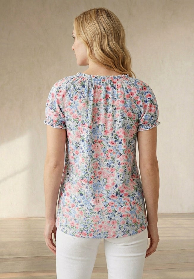 A-Line Scoop Neck Ruffle Trim 100% Cotton Cambric Peasant Blouse image number 1