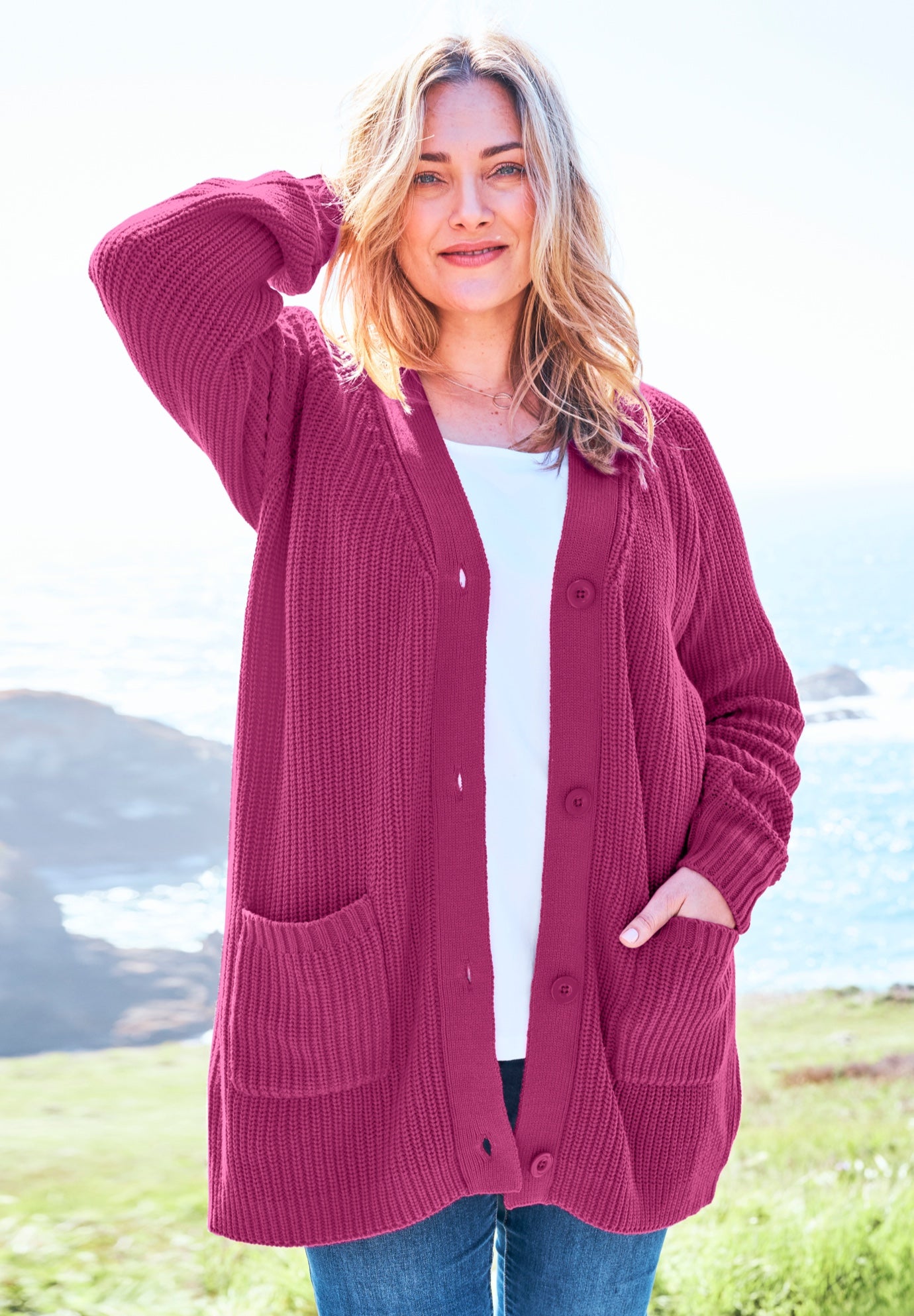 Shaker Button-Front Cardigan Sweater image number 0