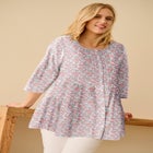 100% Cotton Cambric Three-Quarter Sleeve Tiered Flounce Scoopneck Tunic image number null