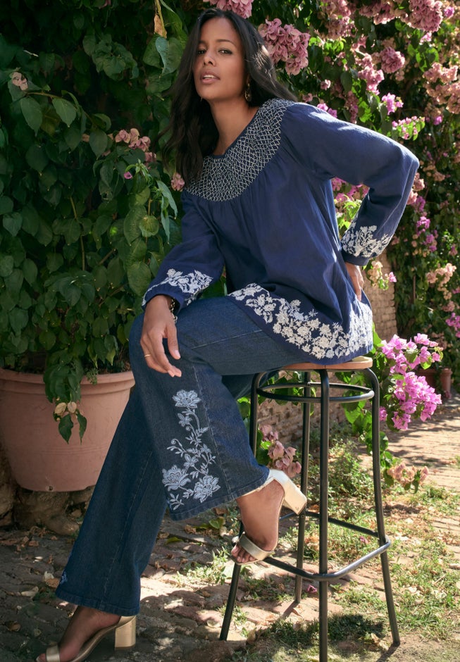 Embroidered Smocked Blouse image number 1