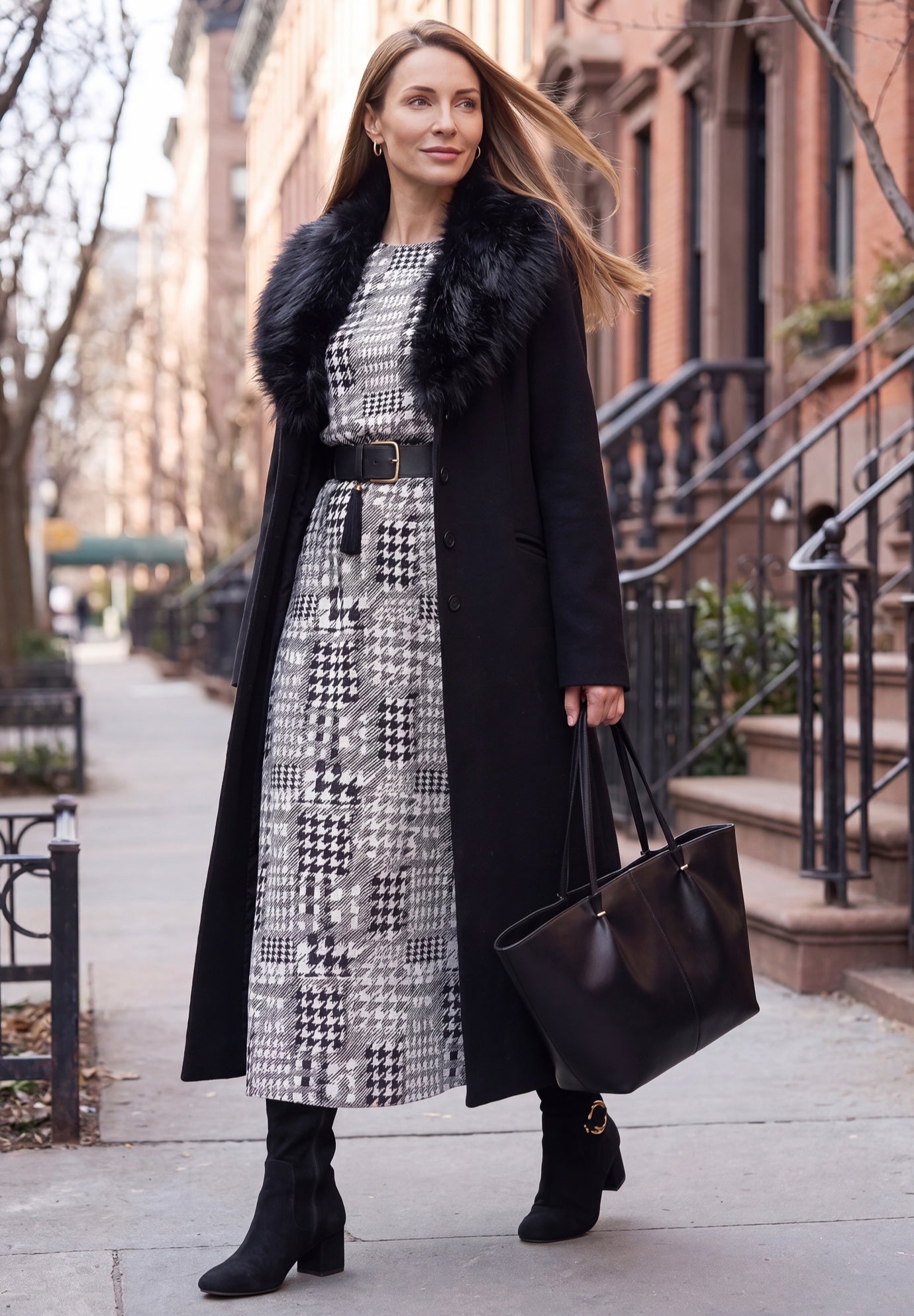 Long Wool-Blend Coat with Faux Fur Collar image number 0