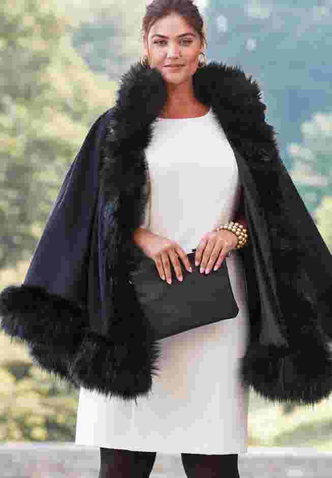Faux Fur Trim Wool Cape image number 3