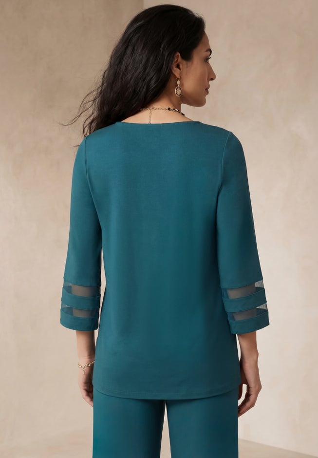 Stretch Knit Mesh Inset Sleeve Tunic image number 1