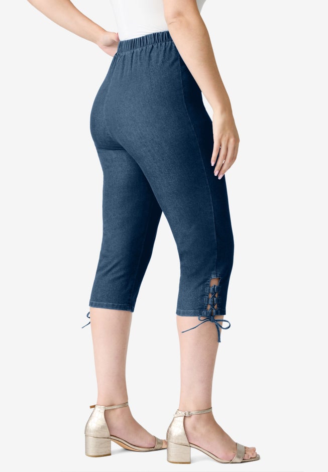 Plus Size Comfort Stretch Lace Up Capri Jean image number 2