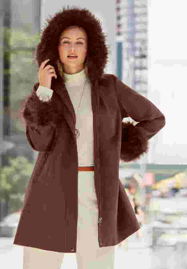 Hooded Faux Fur Trim Coat image number 1