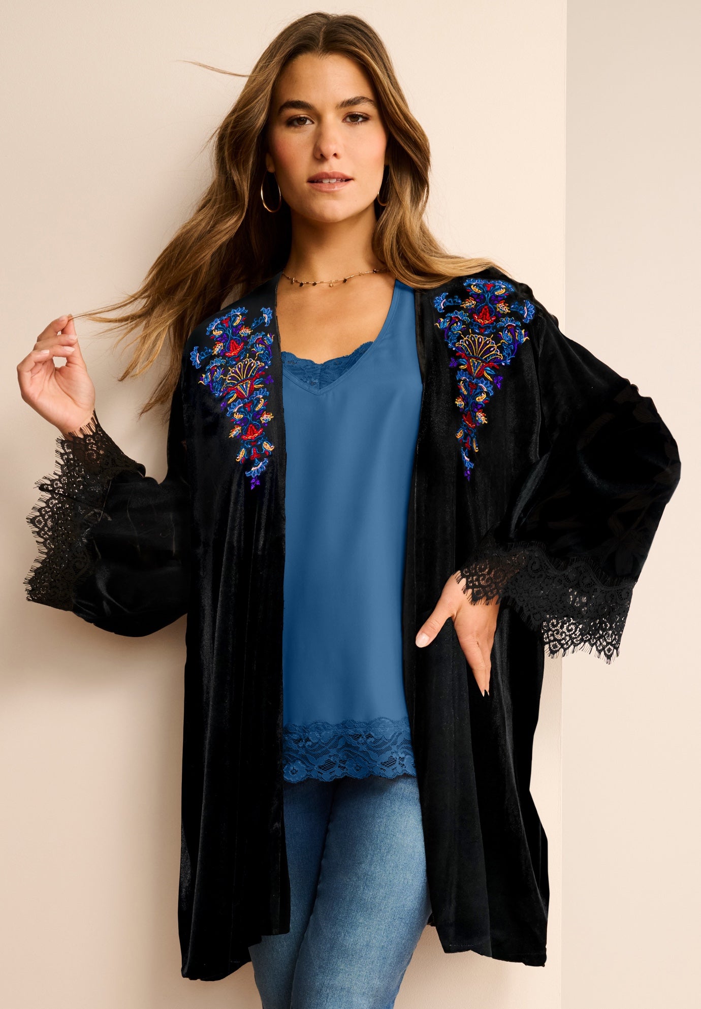Plus Size Velour Embroidered Kimono image number 0