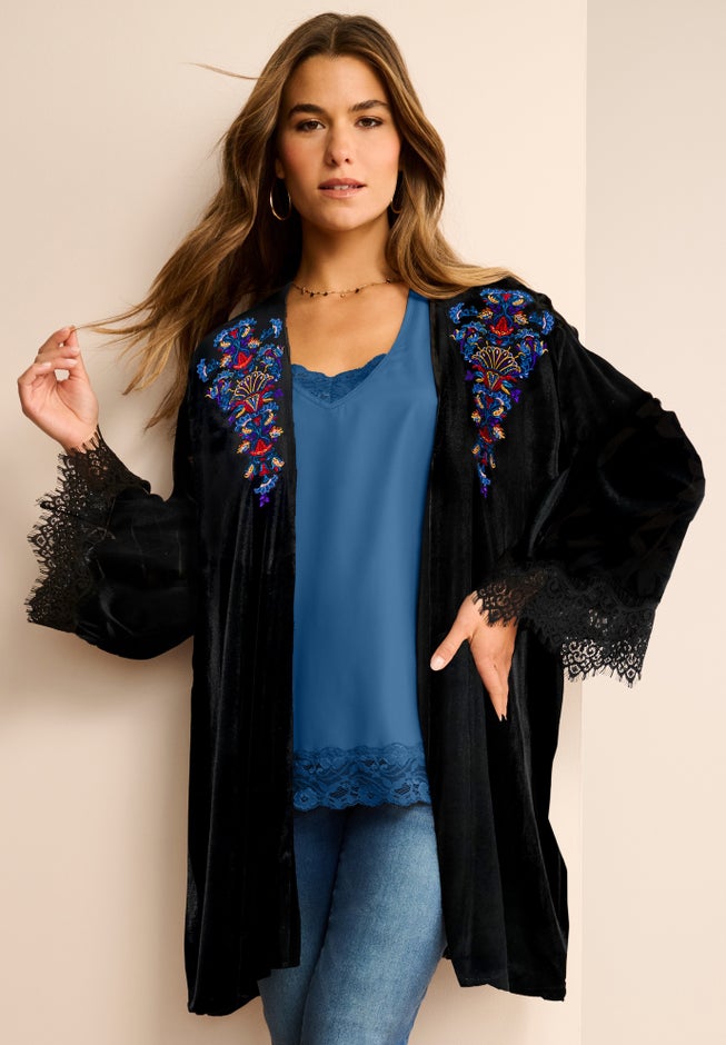 Plus Size Velour Embroidered Kimono image number 0