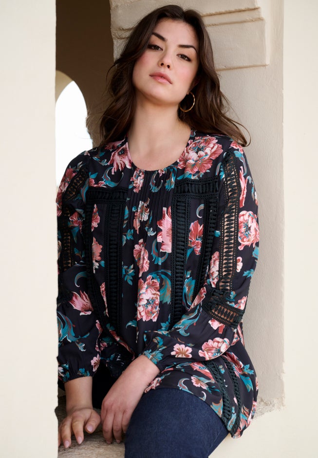 Lace-Trim Blouson-Sleeve Top image number 5