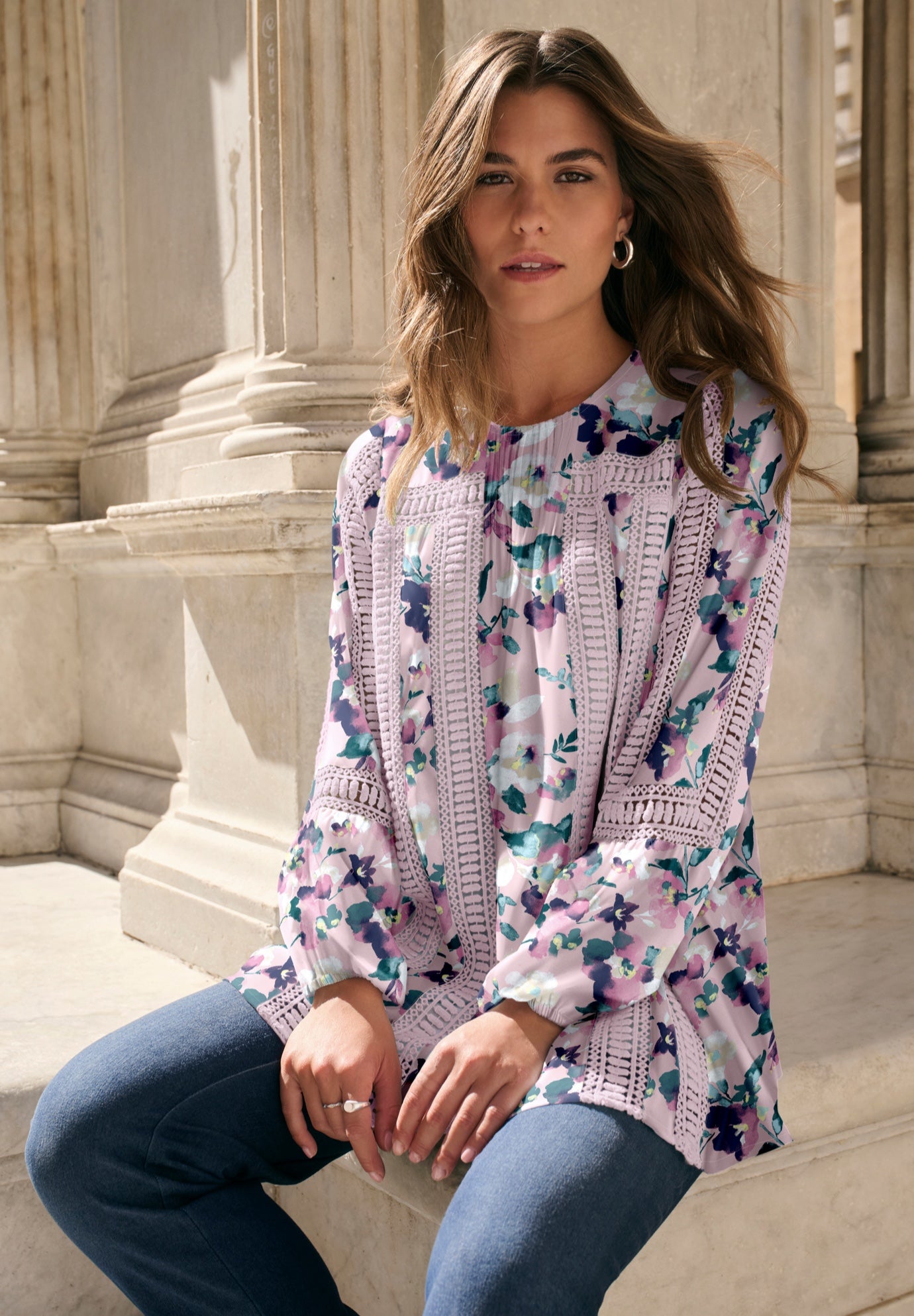 Lace-Trim Blouson-Sleeve Top image number 0