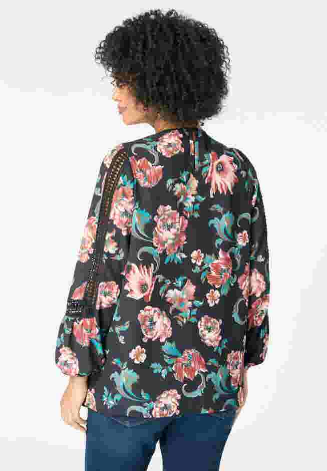 Lace-Trim Blouson-Sleeve Top image number 2