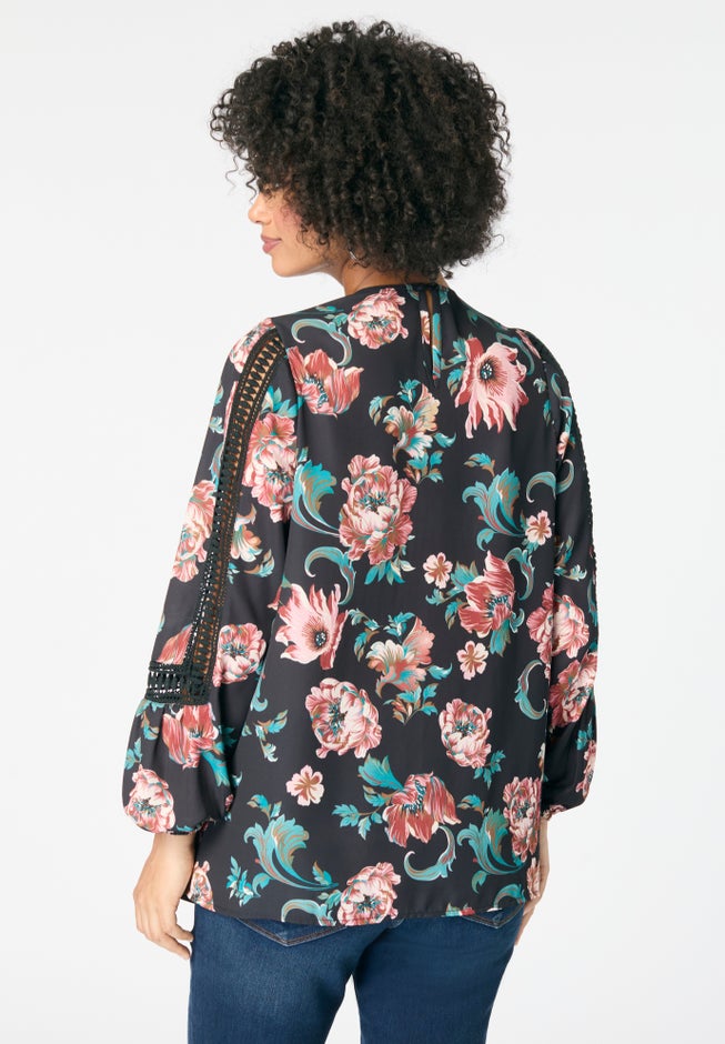 Lace-Trim Blouson-Sleeve Top image number 2