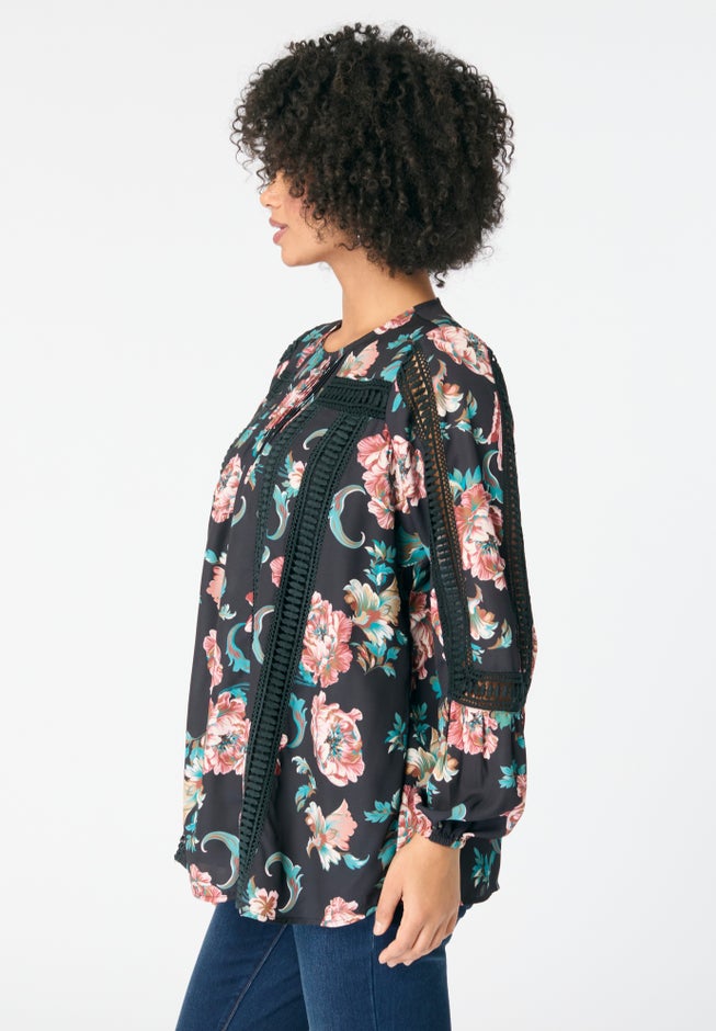 Lace-Trim Blouson-Sleeve Top image number 3