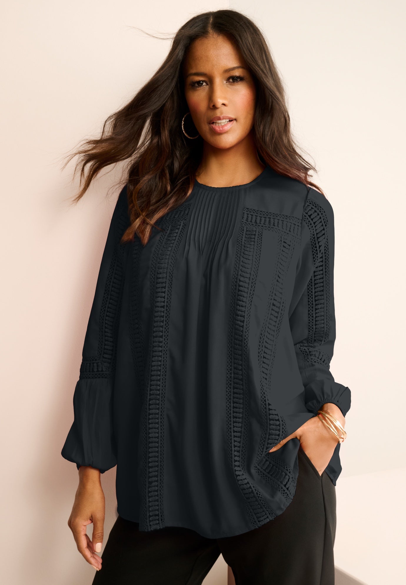 Lace-Trim Blouson-Sleeve Top image number 0