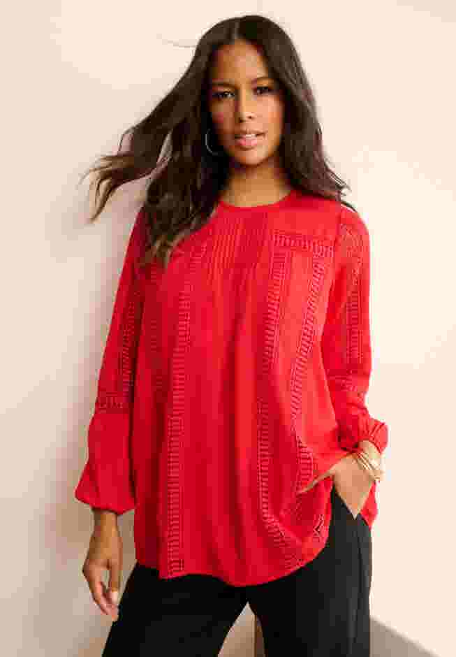 Lace-Trim Blouson-Sleeve Top image number 0
