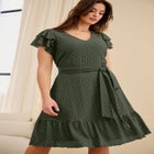 Stretch Knit Tie Waist Ruffle Lace Dress image number null