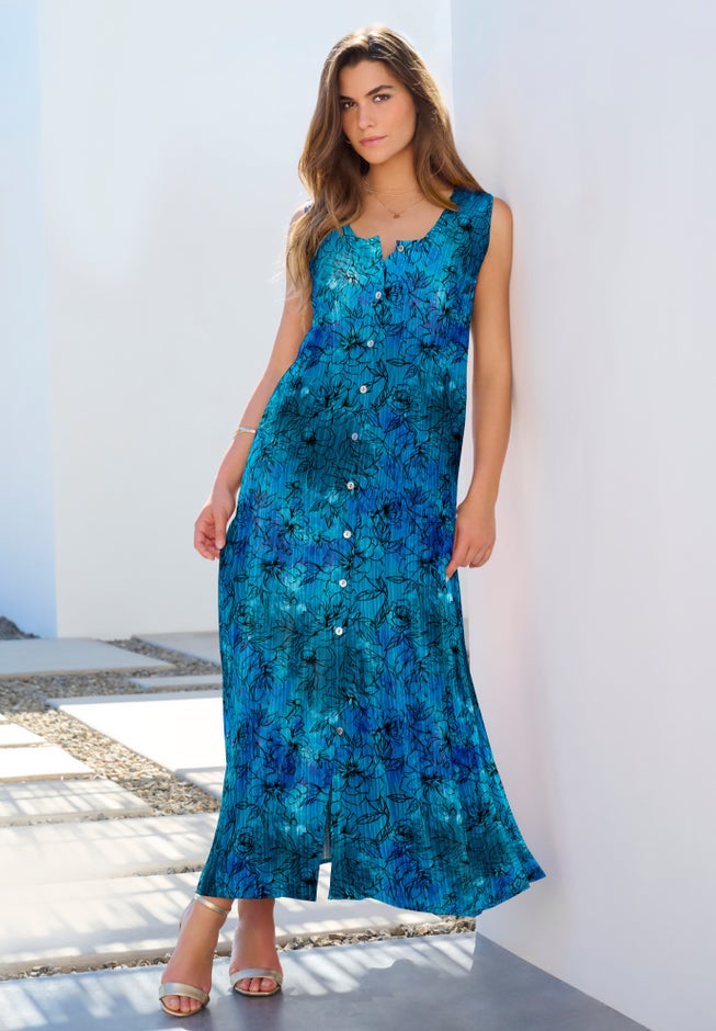 Roaman's Plus Size Sleveless Hand-Crinkled Button-Front A-Line Maxi Curvy Breezy Dress - 22/24, Deep Turquoise Tie Dye Floral Roaman's Plus Size Sleveless Hand-Crinkled Button-Front A-Line Maxi Curvy Breezy Dress - 22/24, Deep Turquoise Tie Dye Floral