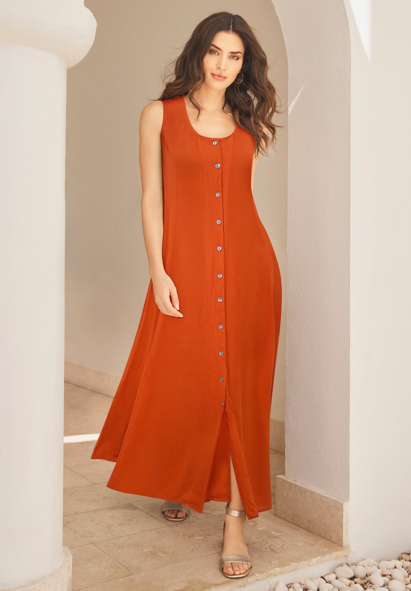 Plus Size Sleveless Hand-Crinkled Button-Front A-Line Maxi – Curvy Breezy Dress image number 0