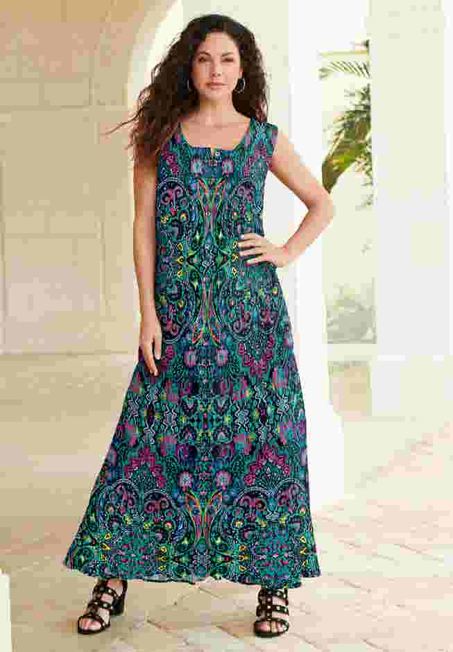 Plus Size Sleveless Hand-Crinkled Button-Front A-Line Maxi – Curvy Breezy Dress image number 0