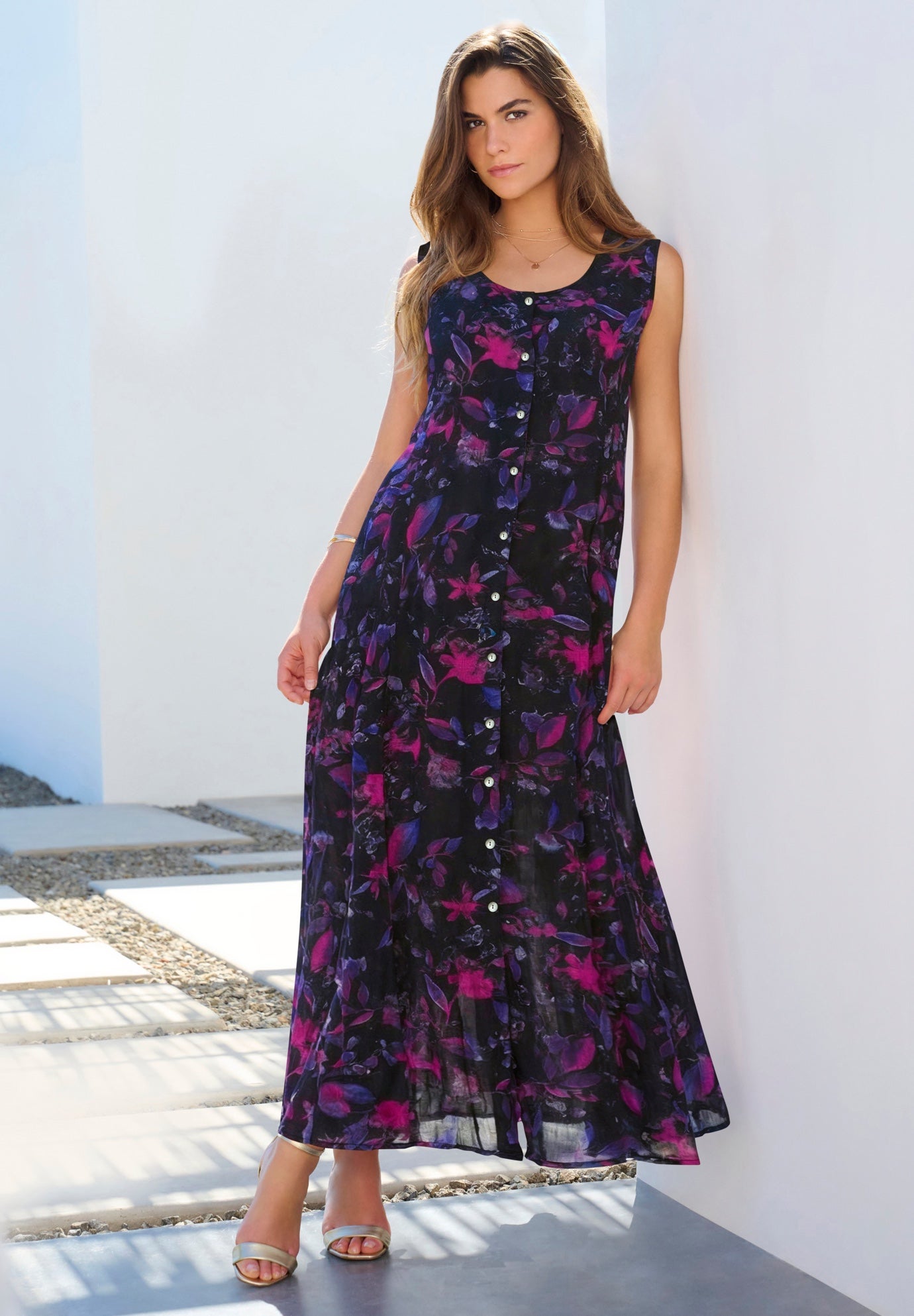 Plus Size Sleveless Hand-Crinkled Button-Front A-Line Maxi &ndash; Curvy Breezy Dress image number 0