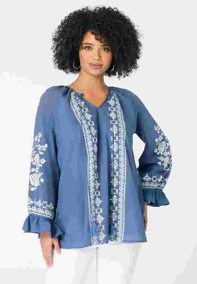 Tasseled Long-Sleeve Blouson Top image number 1
