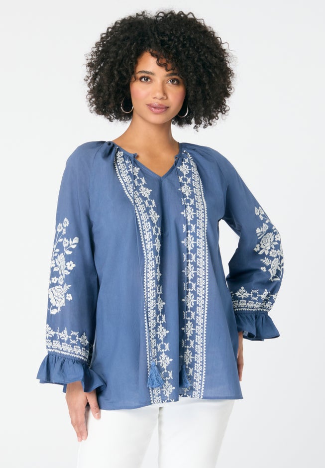 Tasseled Long-Sleeve Blouson Top image number 1