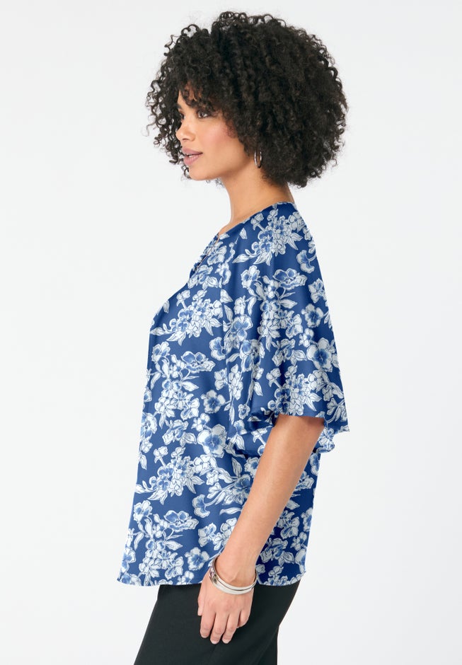 Notch-Neck Flutter-Sleeve Blouse image number 3