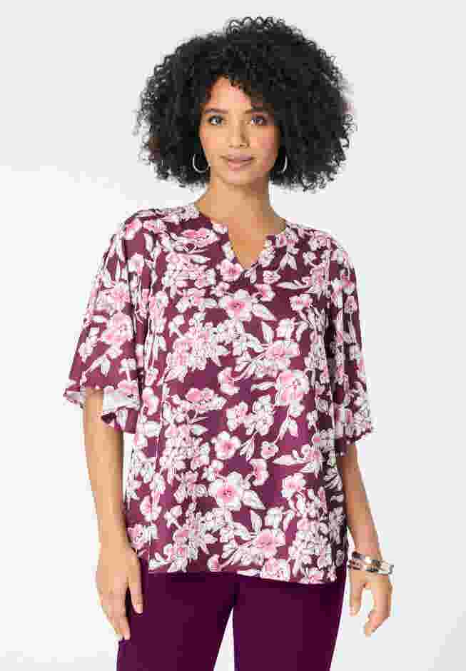 Notch-Neck Flutter-Sleeve Blouse image number 1