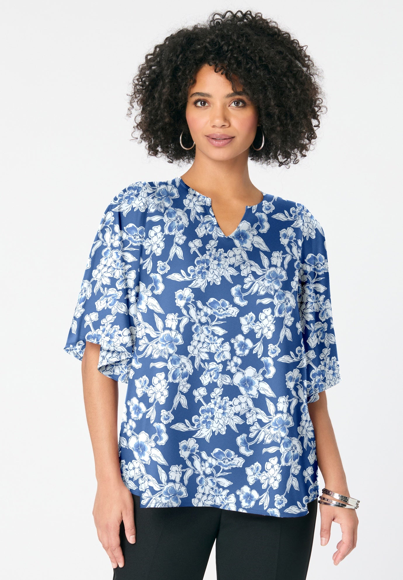 Notch-Neck Flutter-Sleeve Blouse image number 1