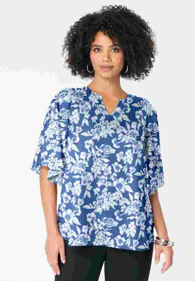 Notch-Neck Flutter-Sleeve Blouse image number 1