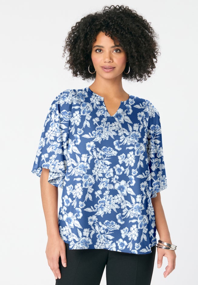 Notch-Neck Flutter-Sleeve Blouse image number 1