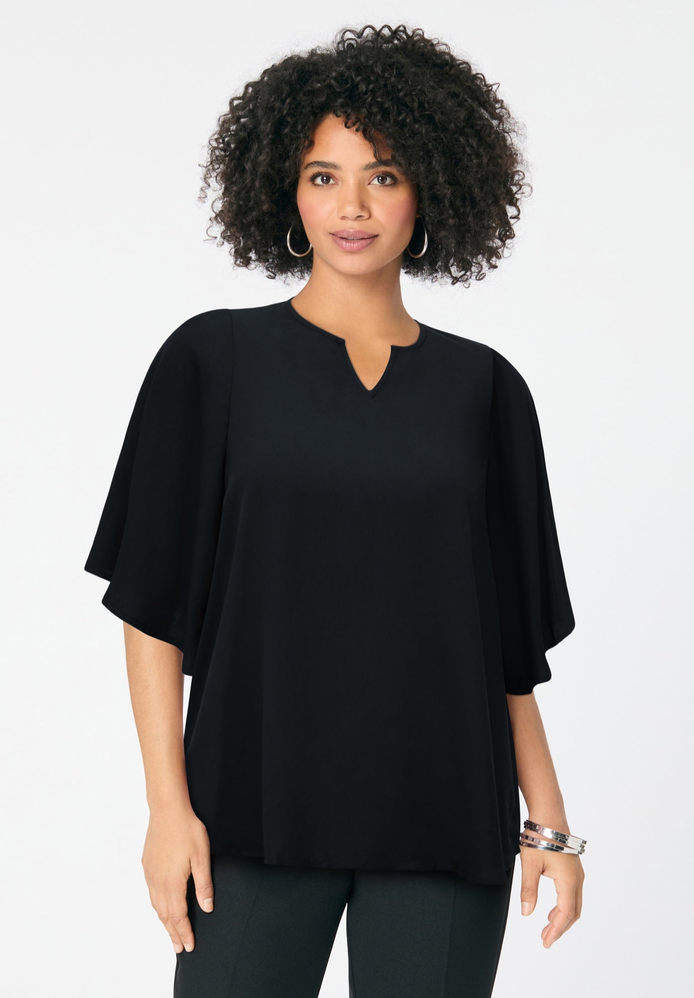 Notch-Neck Flutter-Sleeve Blouse image number 0