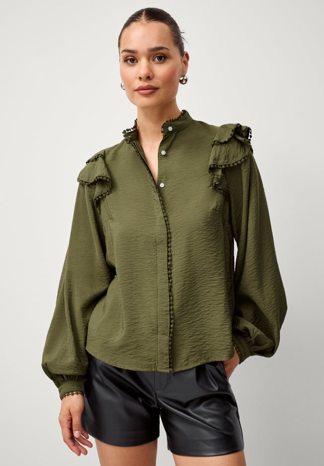 Ruffle Shoulder Blouse with Flat Pom Pom Trim image number 3