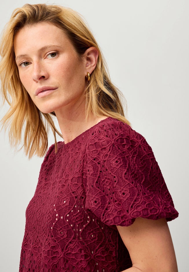 Short Puff Sleeve Lace Tee image number 2