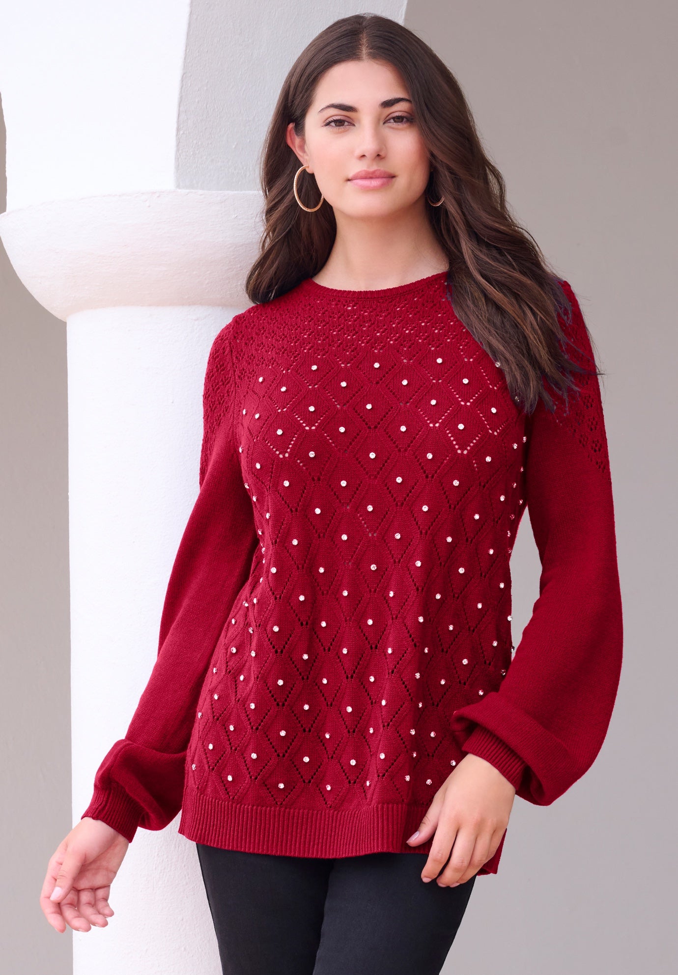 Rhinestone Pointelle Knit Sweater image number 0