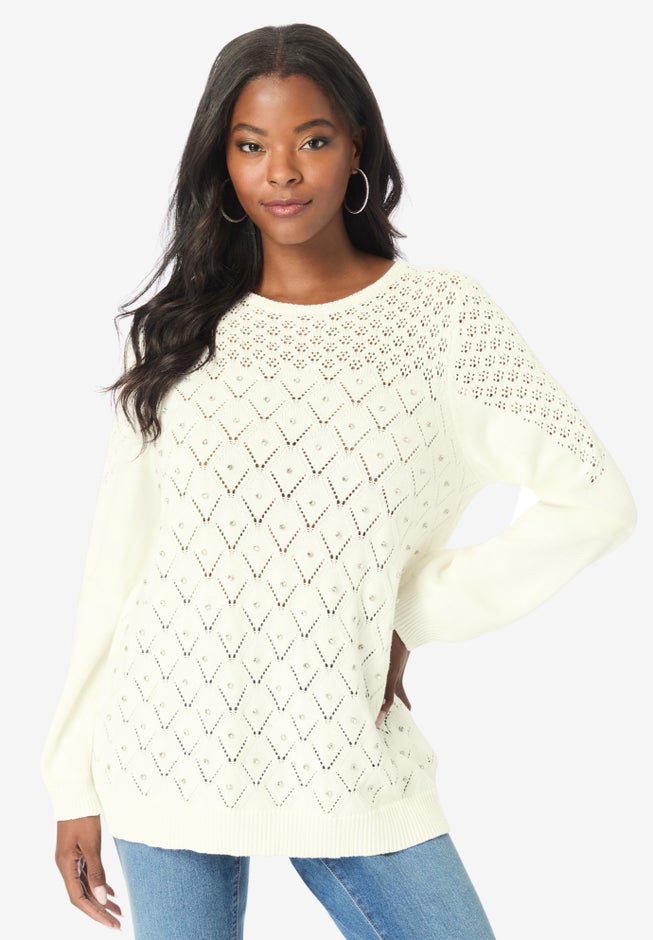 Rhinestone Pointelle Knit Sweater image number 1