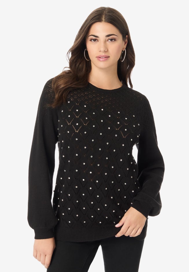 Rhinestone Pointelle Knit Sweater image number 2