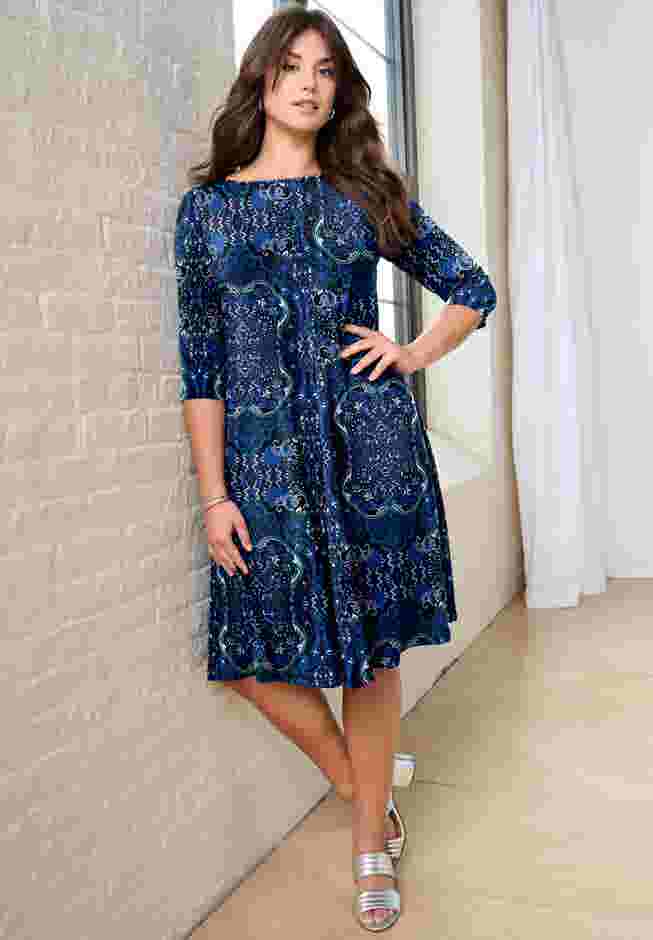UltraSmooth™ Plus Size Boatneck Swing Dress – Flowy, Wrinkle-Resistant Knit image number 0