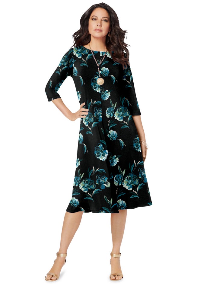 Plus Size 3/4 Sleeve Boatneck Swing Dress image number 1
