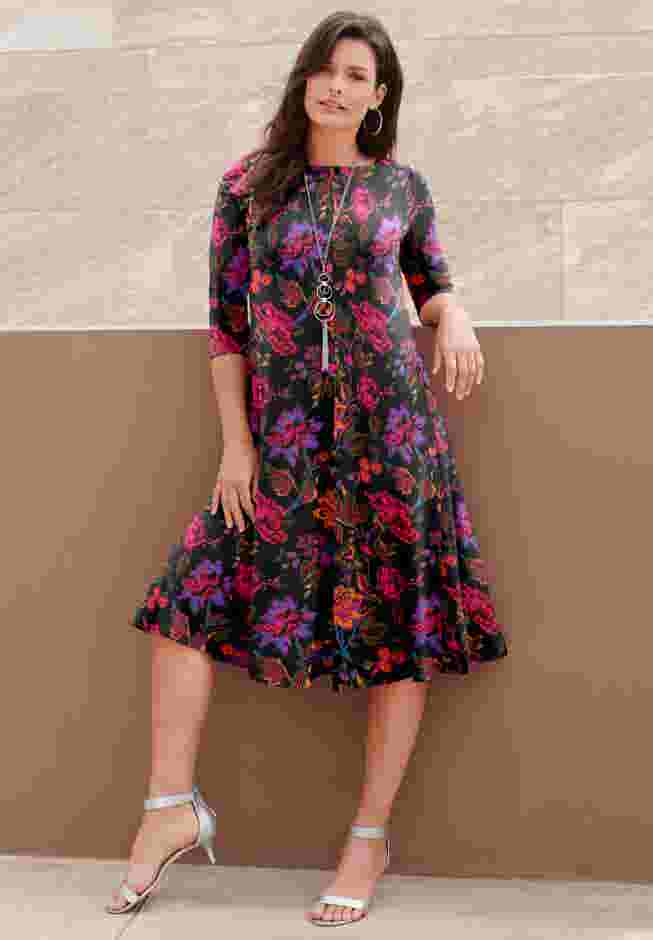 UltraSmooth™ Plus Size Boatneck Swing Dress – Flowy, Wrinkle-Resistant Knit image number 0