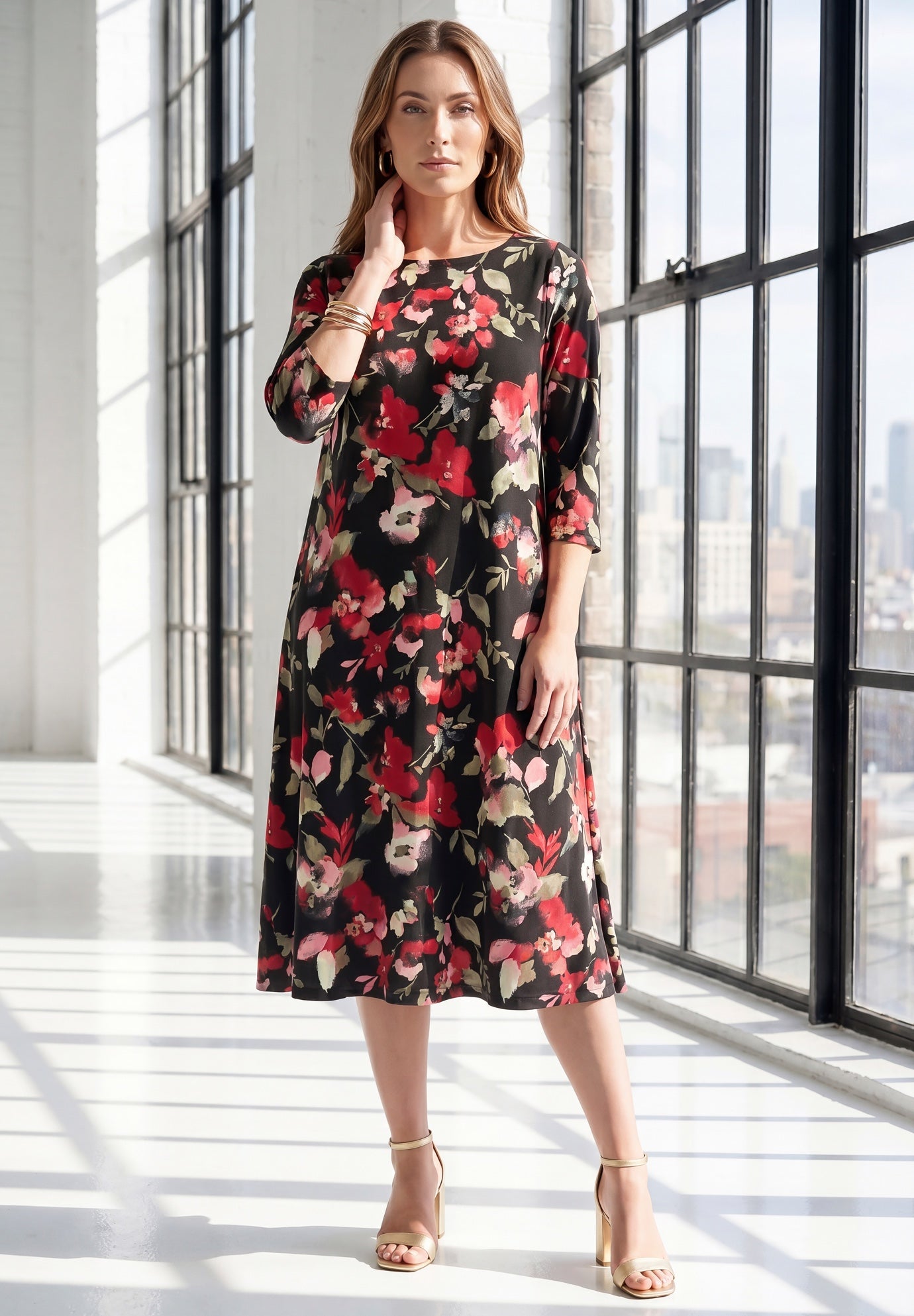 Plus Size 3/4 Sleeve Boatneck Swing Dress image number 0