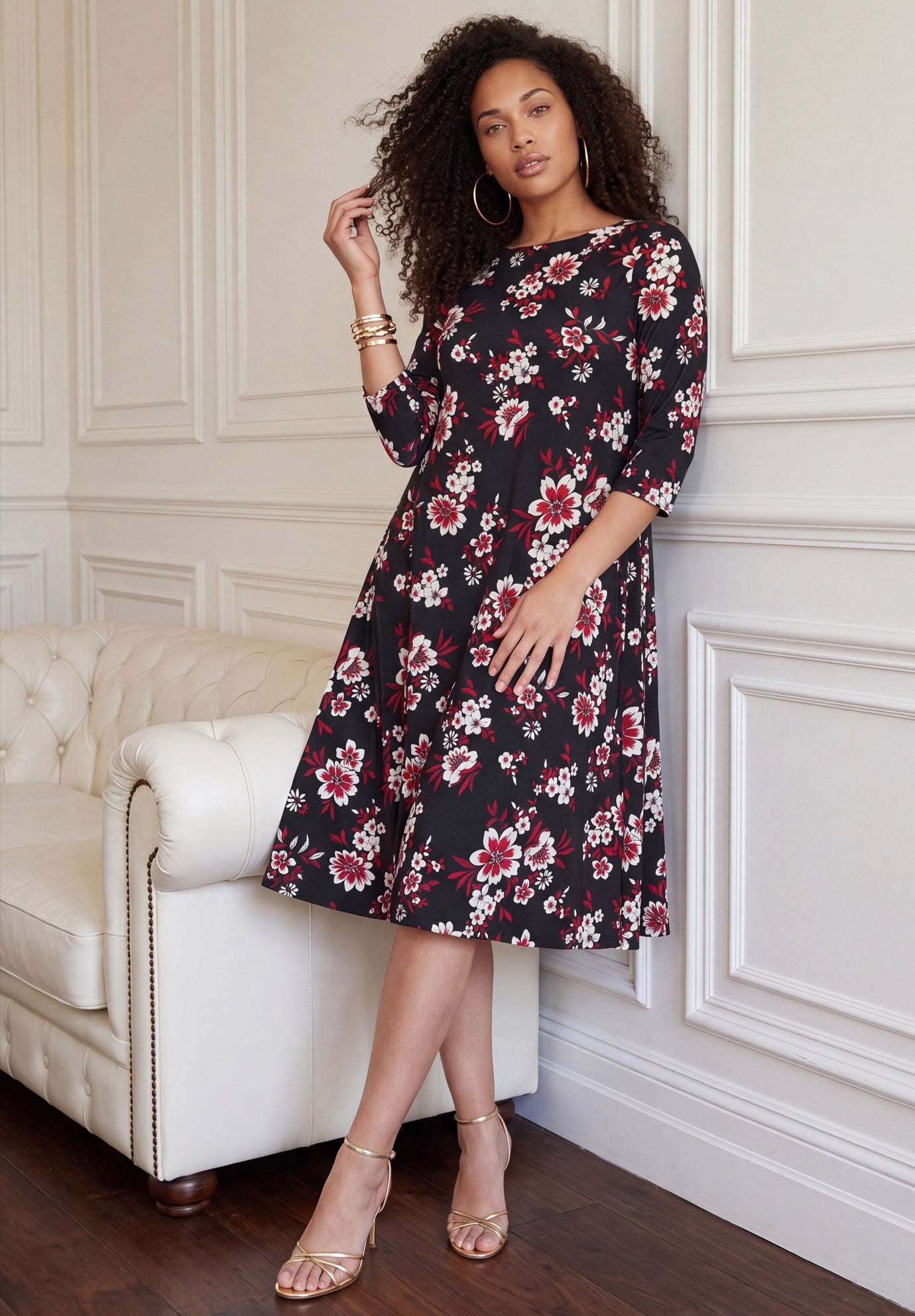 Plus Size 3/4 Sleeve Boatneck Swing Dress image number 0