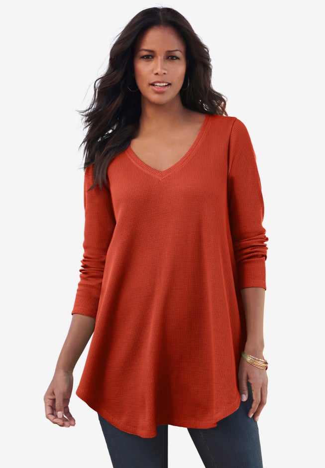 Plus Size Knit Thermal V Neck Swing Tunic – Long Sleeve image number 0