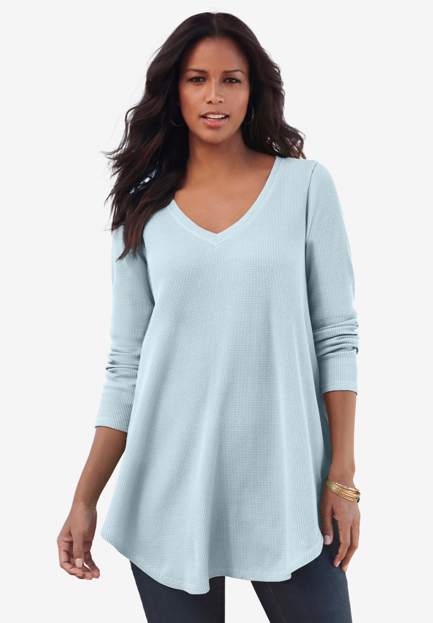 Plus Size Knit Thermal V Neck Swing Tunic &ndash; Long Sleeve image number 0