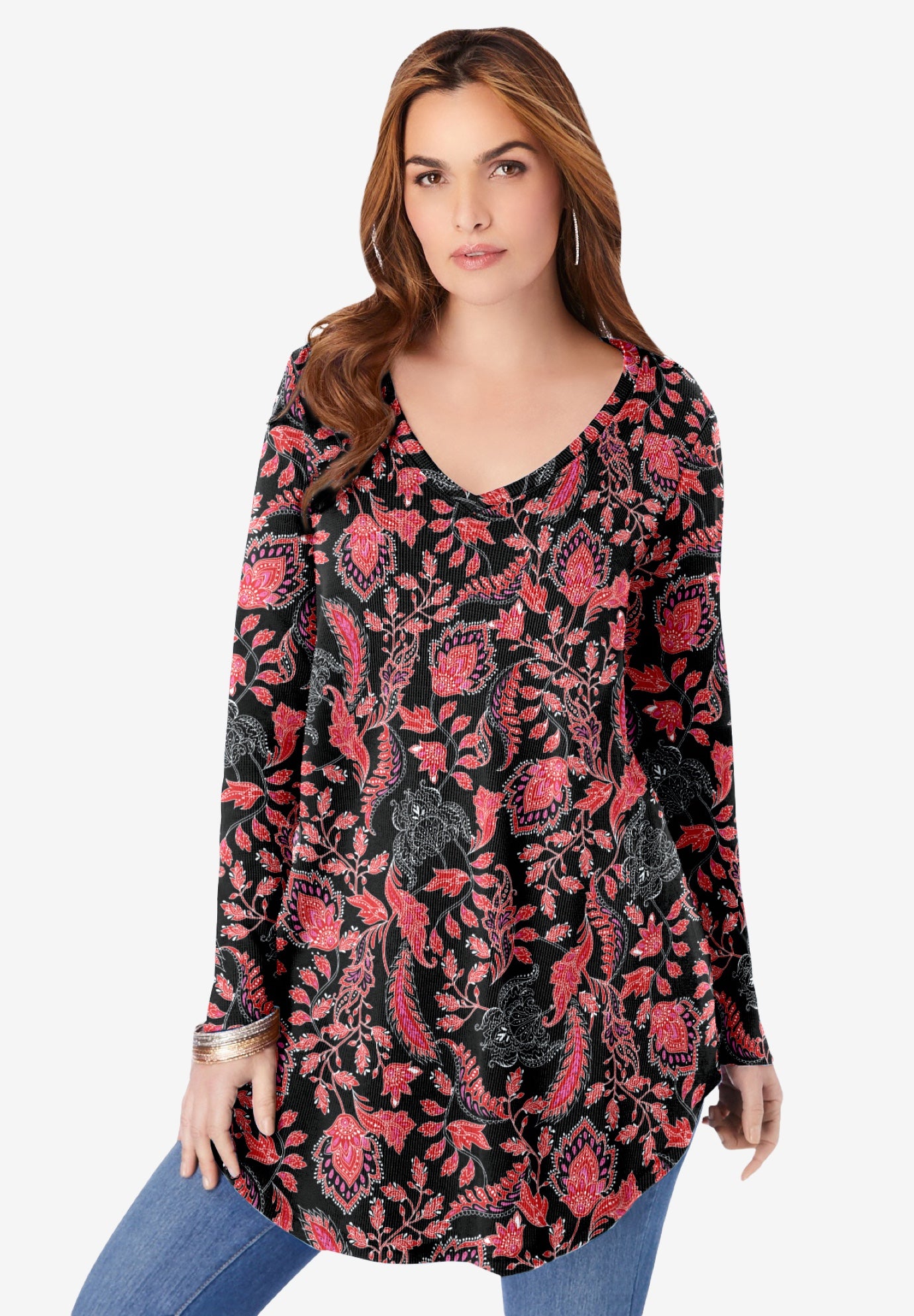 Plus Size Knit Thermal V Neck Swing Tunic – Long Sleeve image number 0