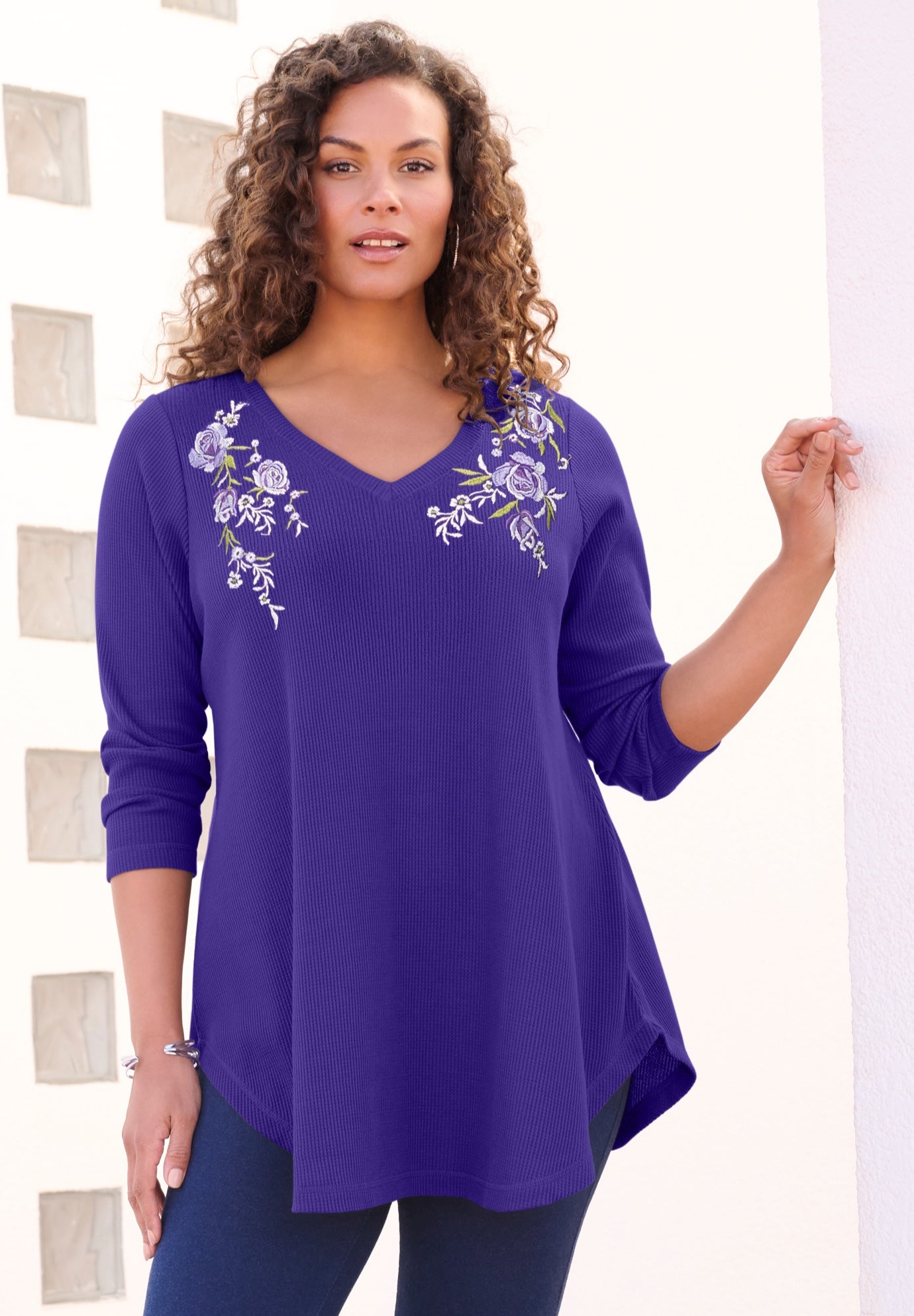 Plus Size Knit Thermal V Neck Swing Tunic – Long Sleeve image number 0