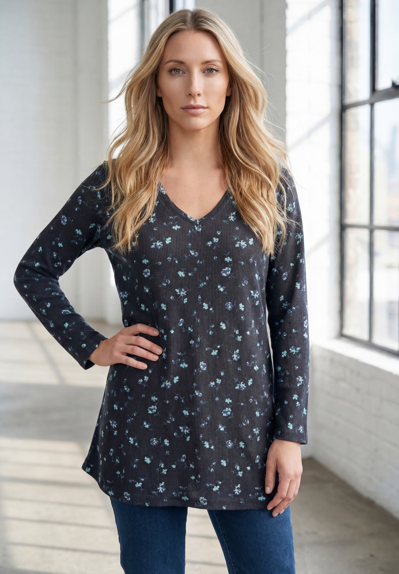 Plus Size Knit Thermal V Neck Swing Tunic &ndash; Long Sleeve image number 0