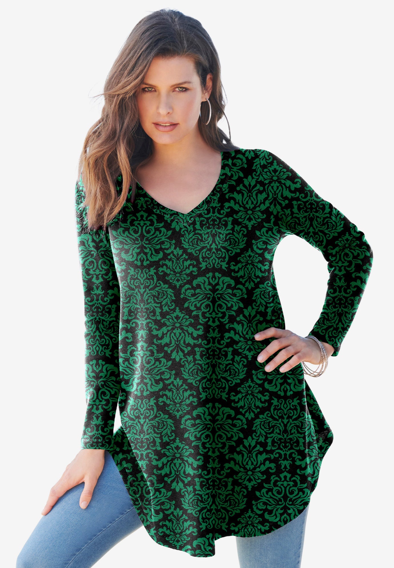 Plus Size Knit Thermal V Neck Swing Tunic – Long Sleeve image number 0